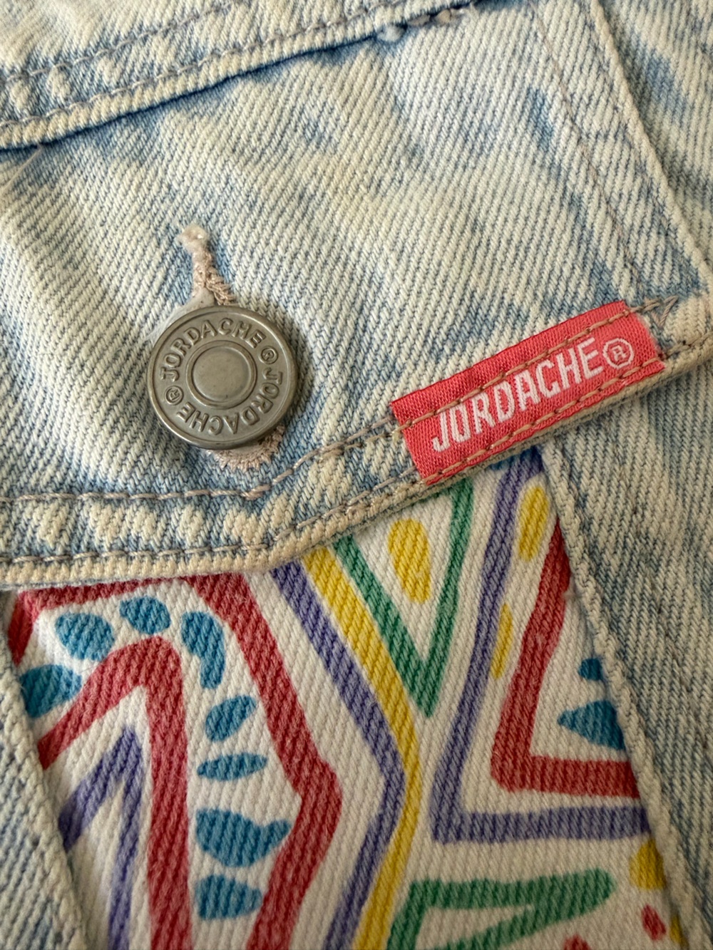 Jordache Light Wash Denim Crop Jacket with Yellow, Pink, Green & Blue Print - Picture 12 of 16